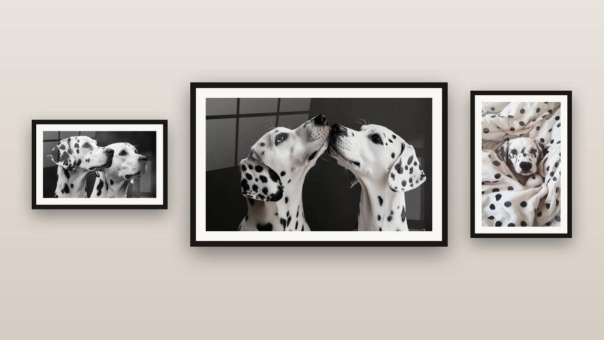 Gallery wall with three framed paintings, including Dalmatian Wall Art N°6