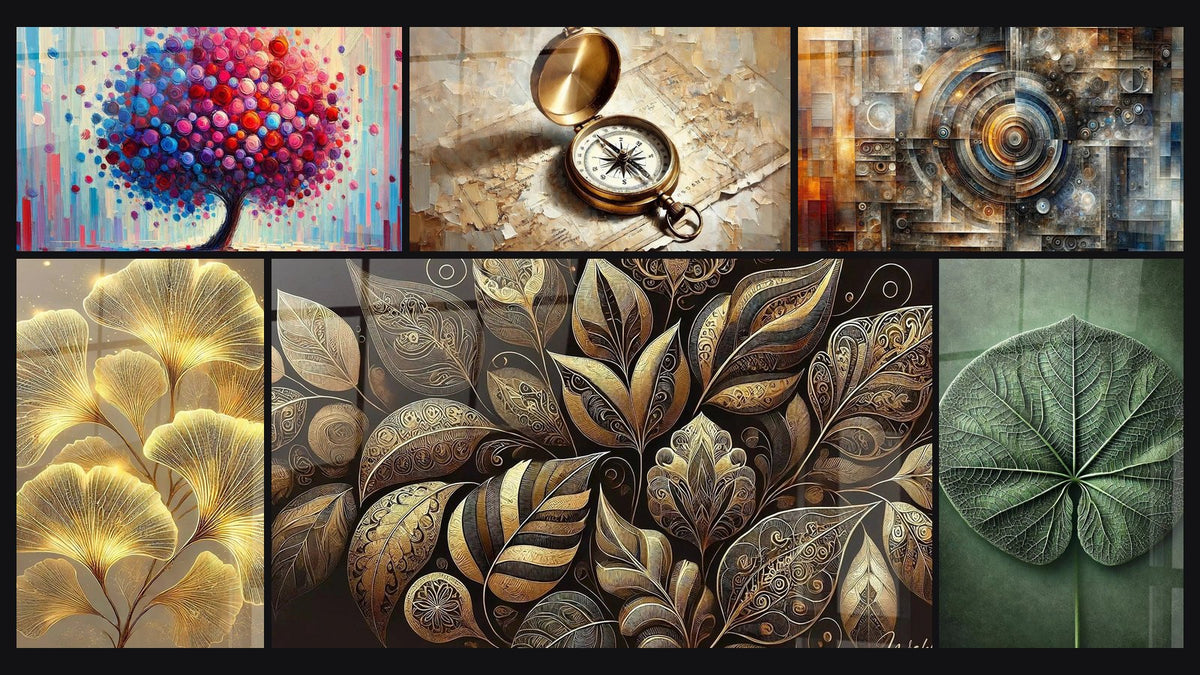 Mosaïque de six tableaux, dont Arbre de Joie, Brillance Naturelle et Feuillage Luxueux