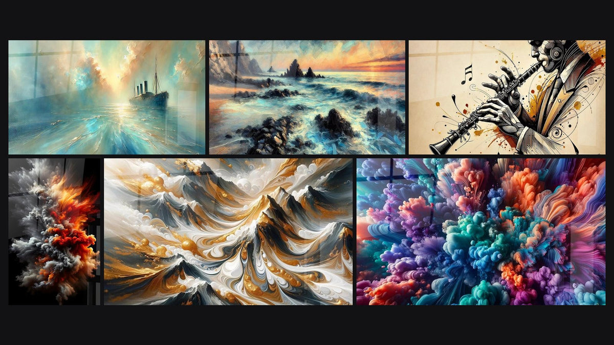 Mosaic of six paintings, including Heart of the Breeze, Echo Luminous Elements and Aquatic Energy