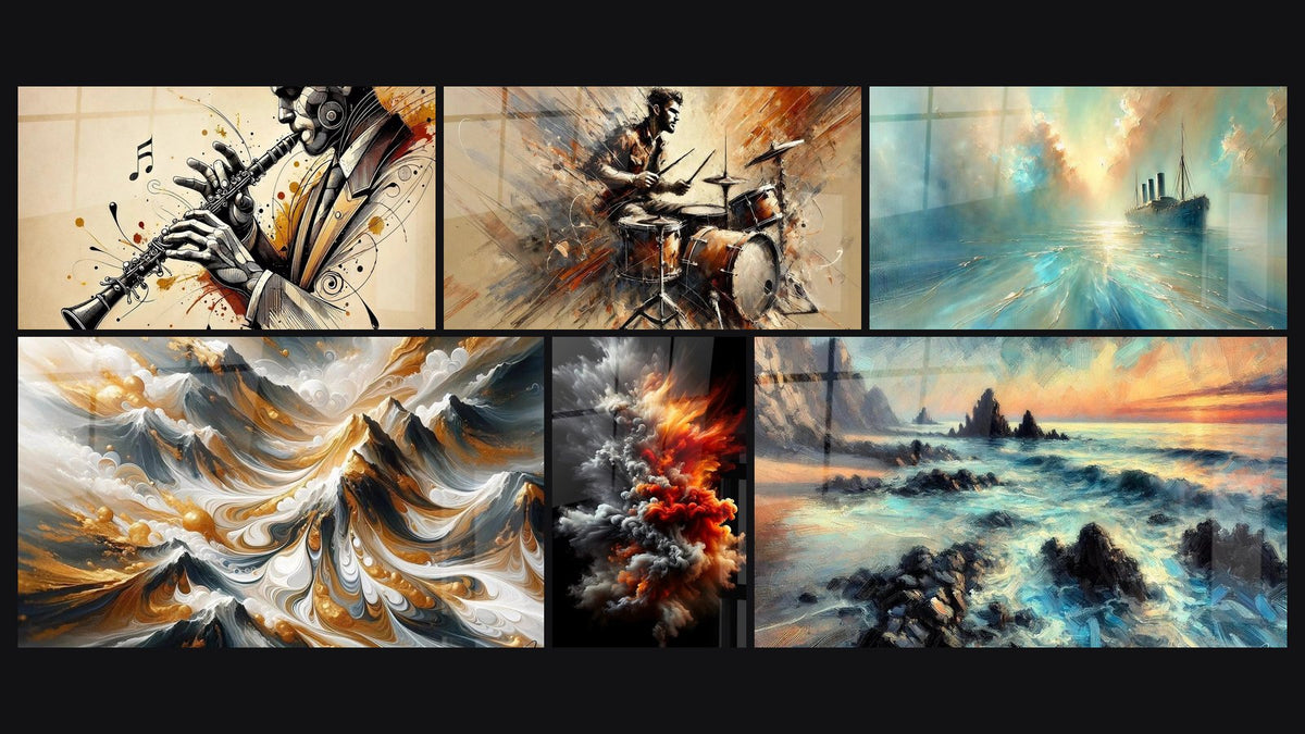 Mosaico de seis cuadros, entre ellos Clarinete N°1, Batería N°2 y En El Corazón de la Brisa
