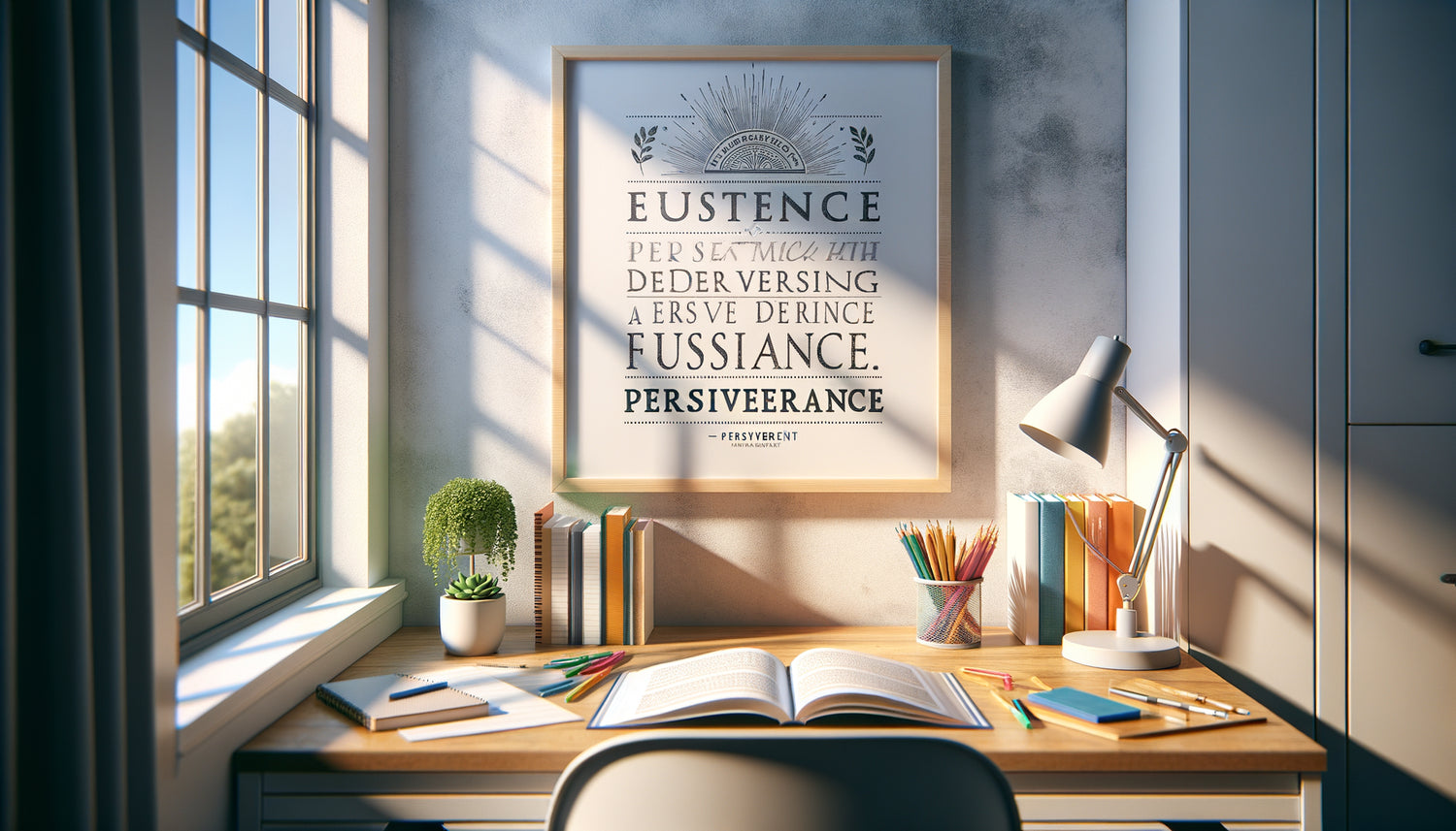 Espace d'étude moderne avec tableau motivationnel citation inspirante sur mur, bureau organisé lumière naturelle