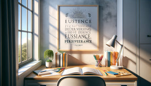 Espace d'étude moderne avec tableau motivationnel citation inspirante sur mur, bureau organisé lumière naturelle
