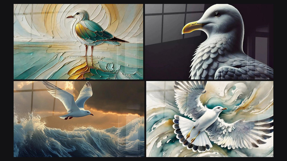 Mosaïque de quatre tableaux, dont Au Gré des Vagues, Mouette N°1 et L'Oiseau du Soleil