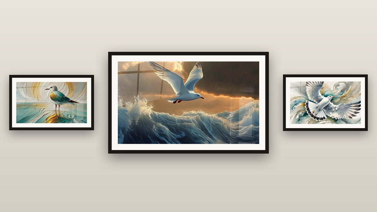 Mur de galerie avec trois tableaux encadrés : Au Gré des Vagues, Mouette N°1 et L'Oiseau du Soleil