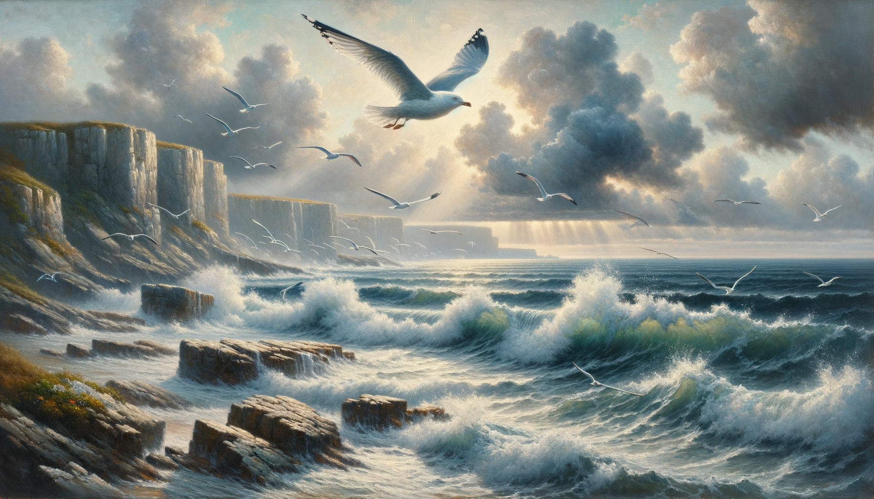 Peinture naturaliste contemporaine de mouettes survolant l'océan côtier, atmosphère maritime poétique et apaisante
