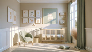 Tableau sur support mousse rigide fixé au mur d'une chambre de bébé moderne aux tons pastels doux et sécurisés