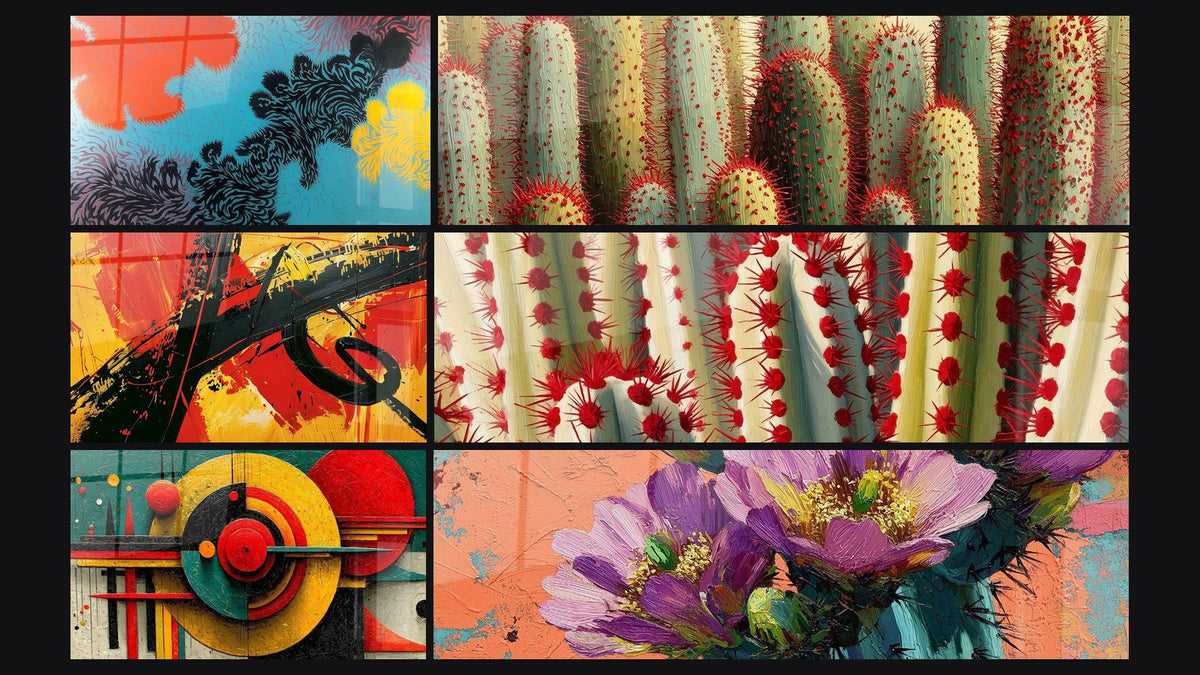 Mosaïque de six tableaux, dont Abstrait Ondulant Illusion Dynamique et Abstrait expressionniste