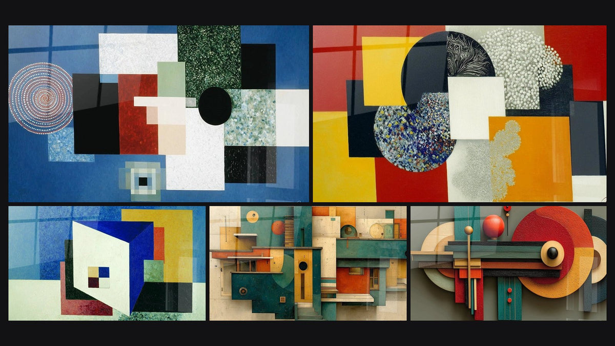 Mosaïque de cinq tableaux, dont Composition Géométrique Ordre Rationnel et Abstraction colorée Mouvement Progressiste