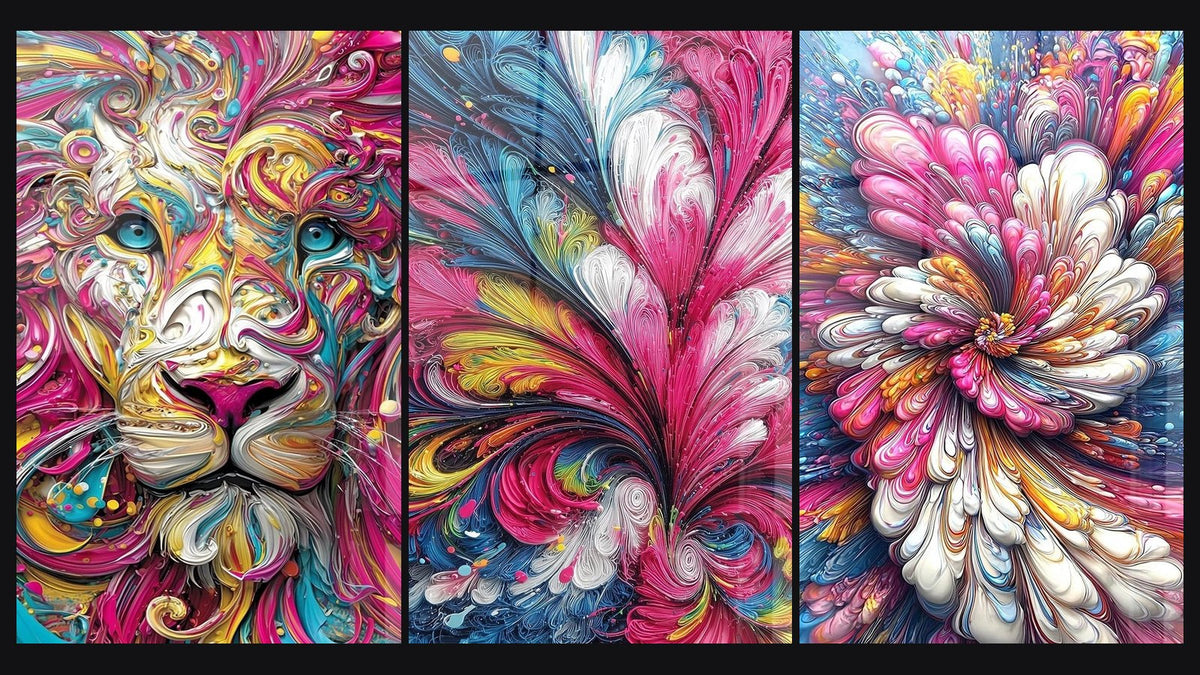Mosaïque de trois tableaux : Lion psychédélique, Fleur abstraite multicolore et Fleur Abstraite