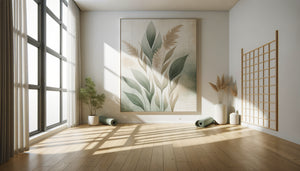 Grand tableau abstrait botanique aux tons apaisants dans un studio de yoga moderne avec mur blanc
