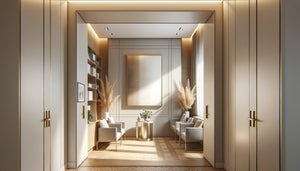 Mur étroit entre deux portes dans un cabinet professionnel avec tableau vertical élégant aux proportions adaptées