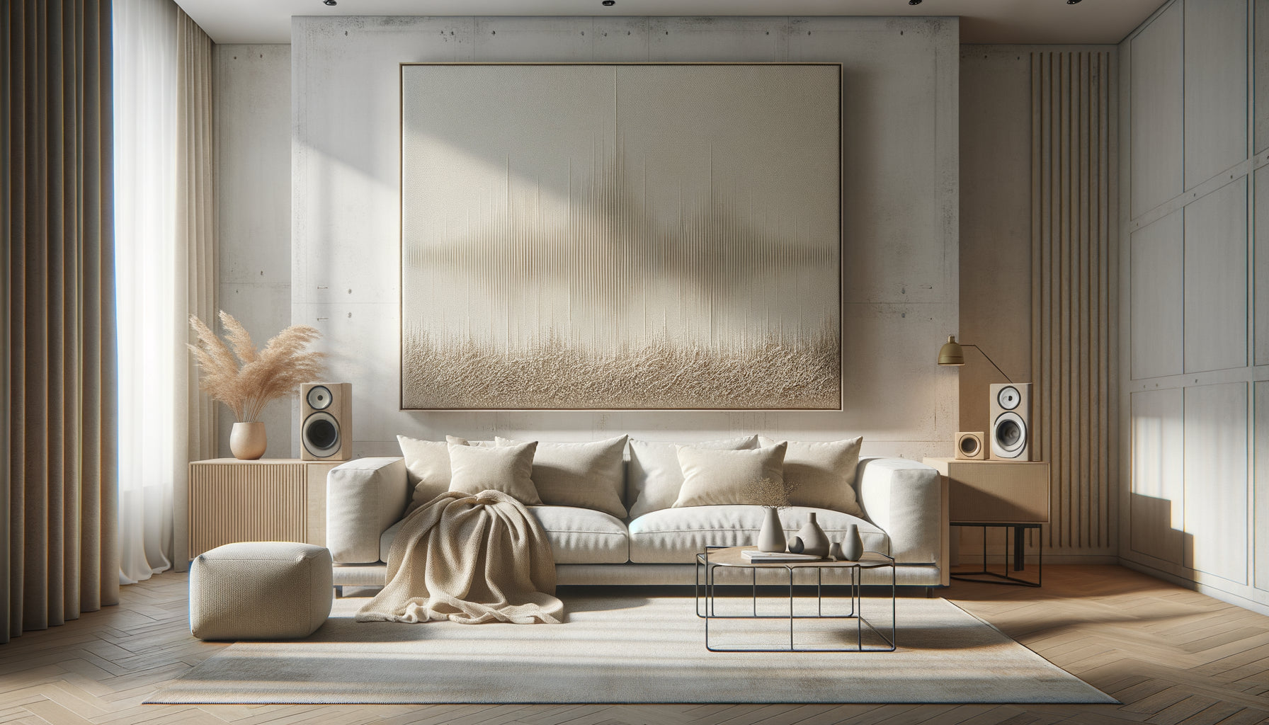 Tableau mural texturé dans salon moderne illustrant les propriétés acoustiques d'absorption sonore des toiles décoratives