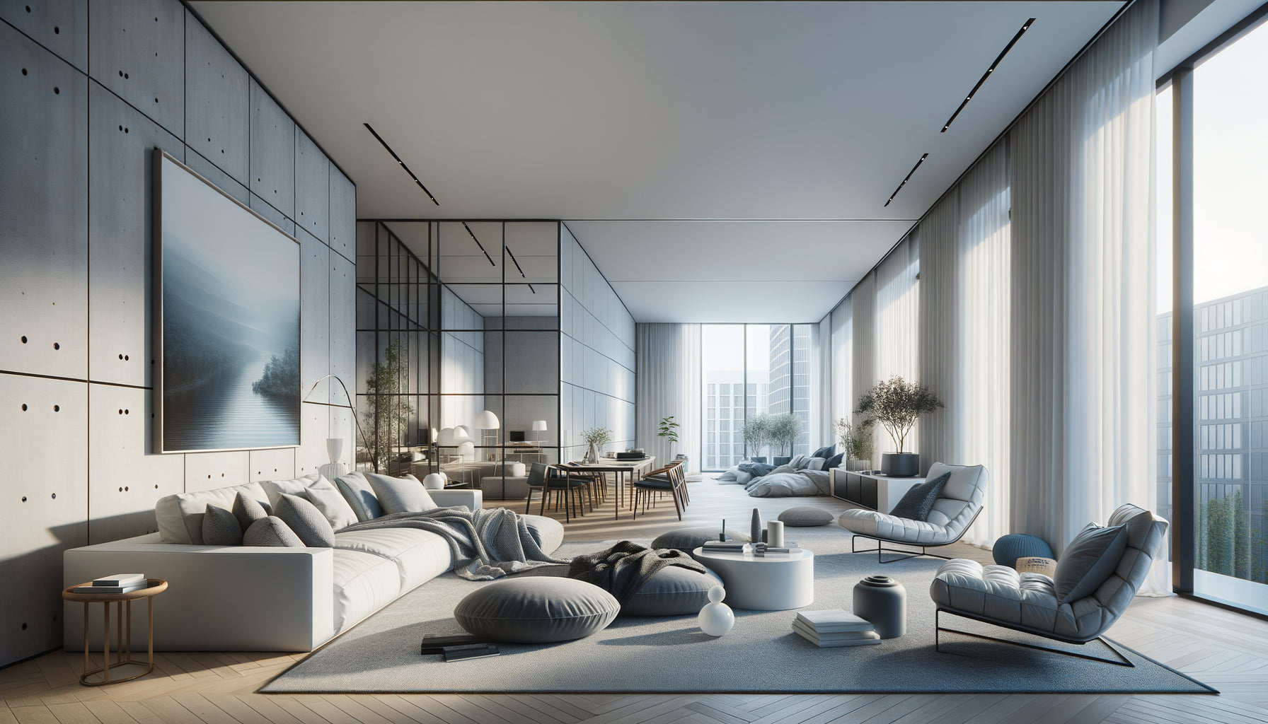 Petit studio moderne avec grand tableau mural panoramique aux tons froids créant une illusion de profondeur visuelle