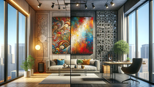 Comparaison visuelle entre tableau mural artistique décoratif et panneau acoustique absorbant décoré dans intérieurs contemporains