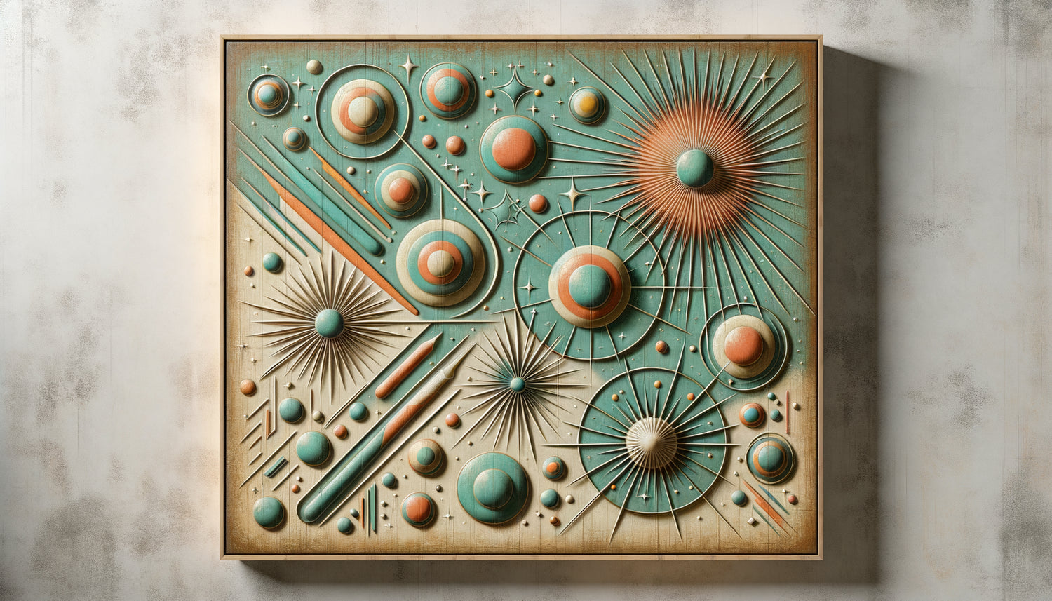 Gros plan d'un tableau mural authentique des années 1950 avec motifs atomiques et patine d'époque caractéristique