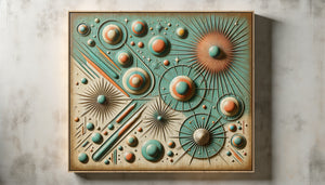 Gros plan d'un tableau mural authentique des années 1950 avec motifs atomiques et patine d'époque caractéristique