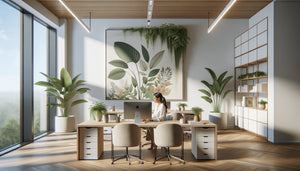 Bureau contemporain lumineux avec tableau mural abstrait végétal apaisant, ambiance professionnelle sereine favorisant le bien-être