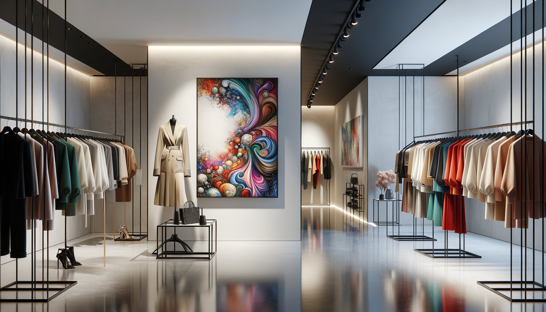 Intérieur de boutique de mode féminine contemporaine avec tableaux muraux noir et blanc et colorés