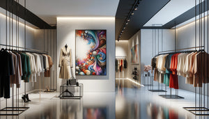 Intérieur de boutique de mode féminine contemporaine avec tableaux muraux noir et blanc et colorés