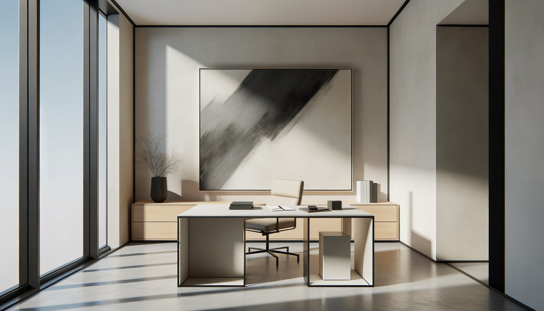 Cabinet professionnel minimaliste contemporain avec tableau mural abstrait monochrome sur mur blanc épuré