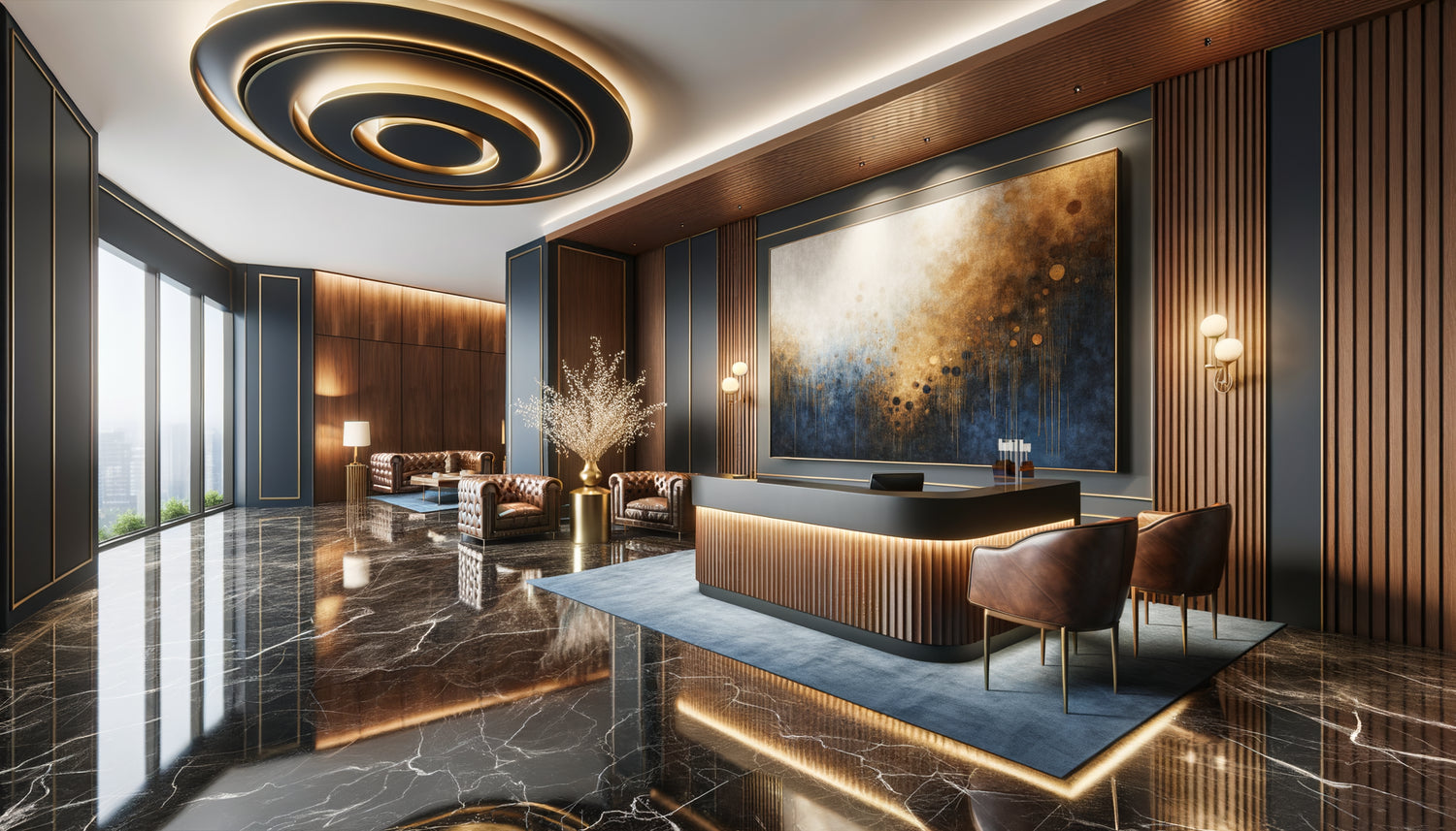 Tableau mural abstrait élégant dans réception de cabinet professionnel premium avec boiseries de luxe