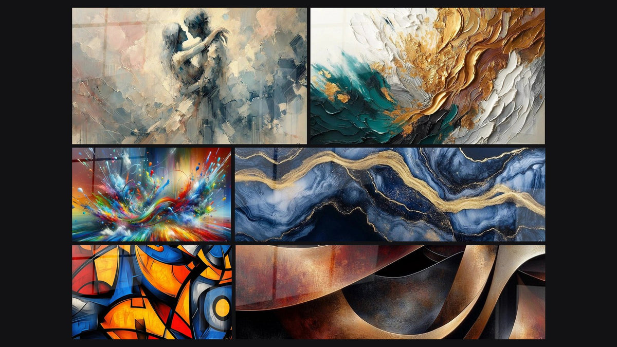 Mosaïque de six tableaux, dont Entre Nous, Trace en Or et Jade et Big Bang Artistique Éclatant