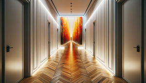 Couloir moderne avec grand tableau mural coloré créant un point focal stratégique pour corriger l'effet tunnel