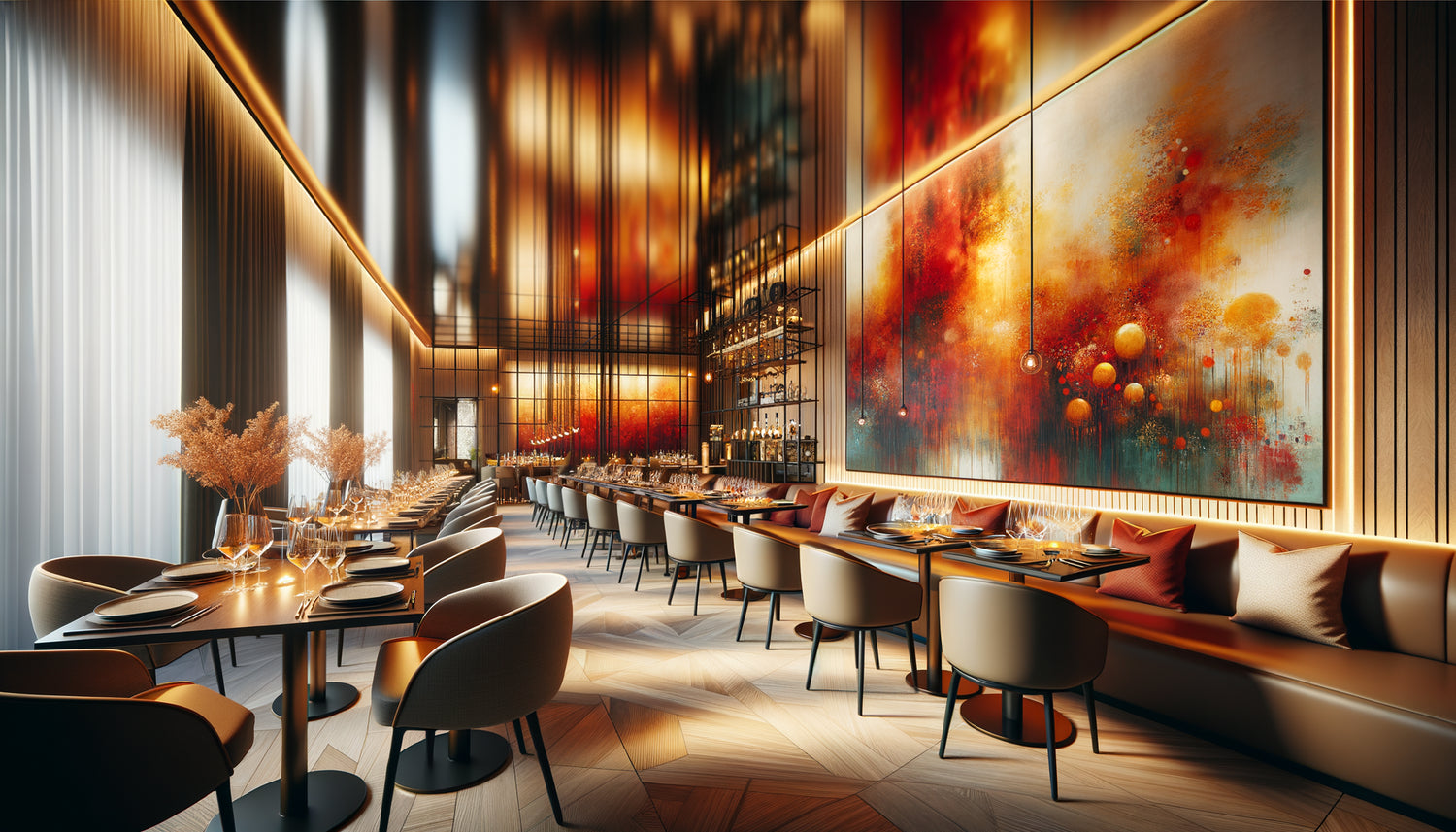 Tableau mural aux couleurs chaudes rouge et orange dans un restaurant moderne élégant stimulant l'appétit des convives