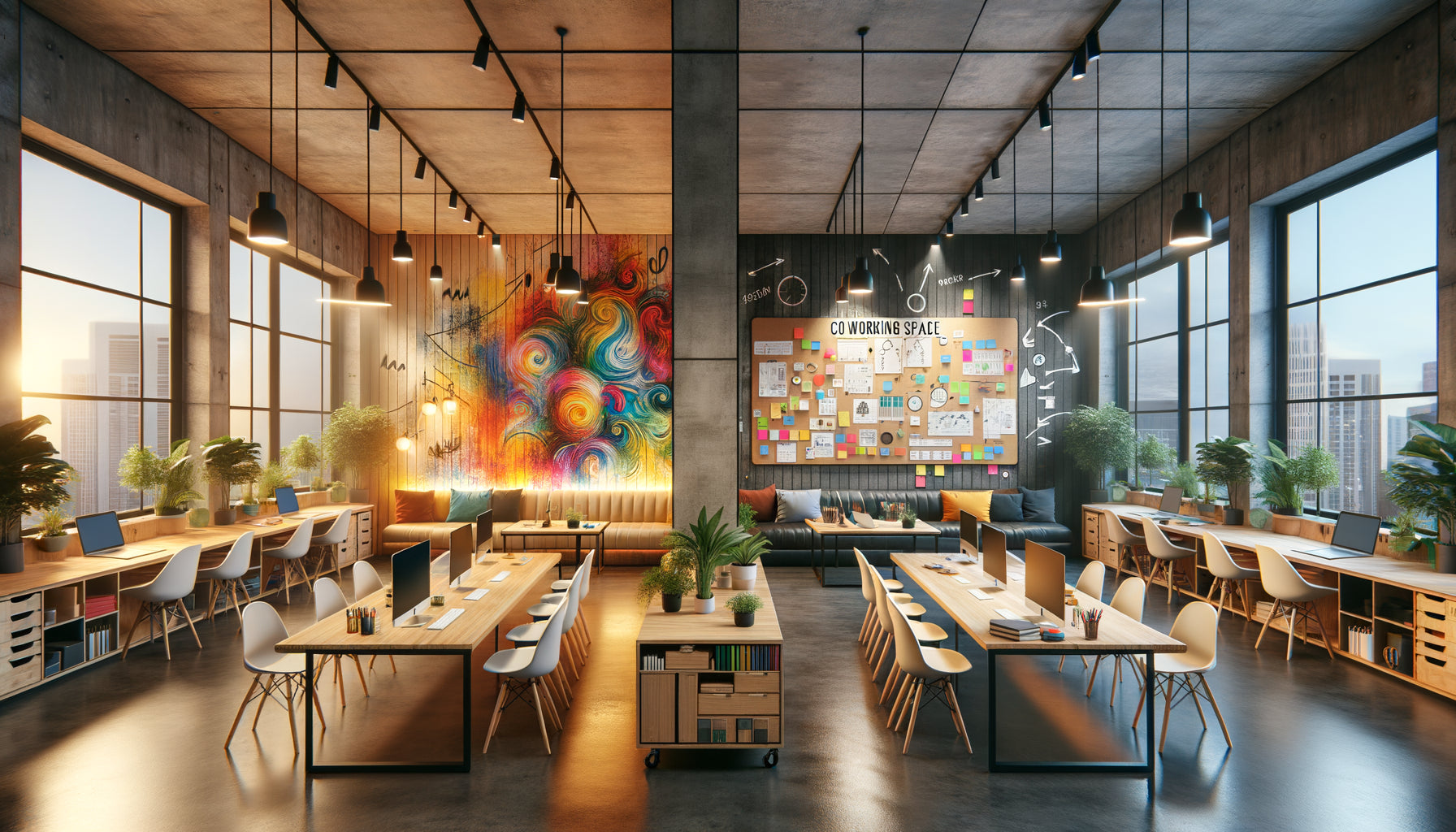 Espace coworking moderne illustrant la différence entre tableau décoratif inspirant et tableau fonctionnel collaboratif