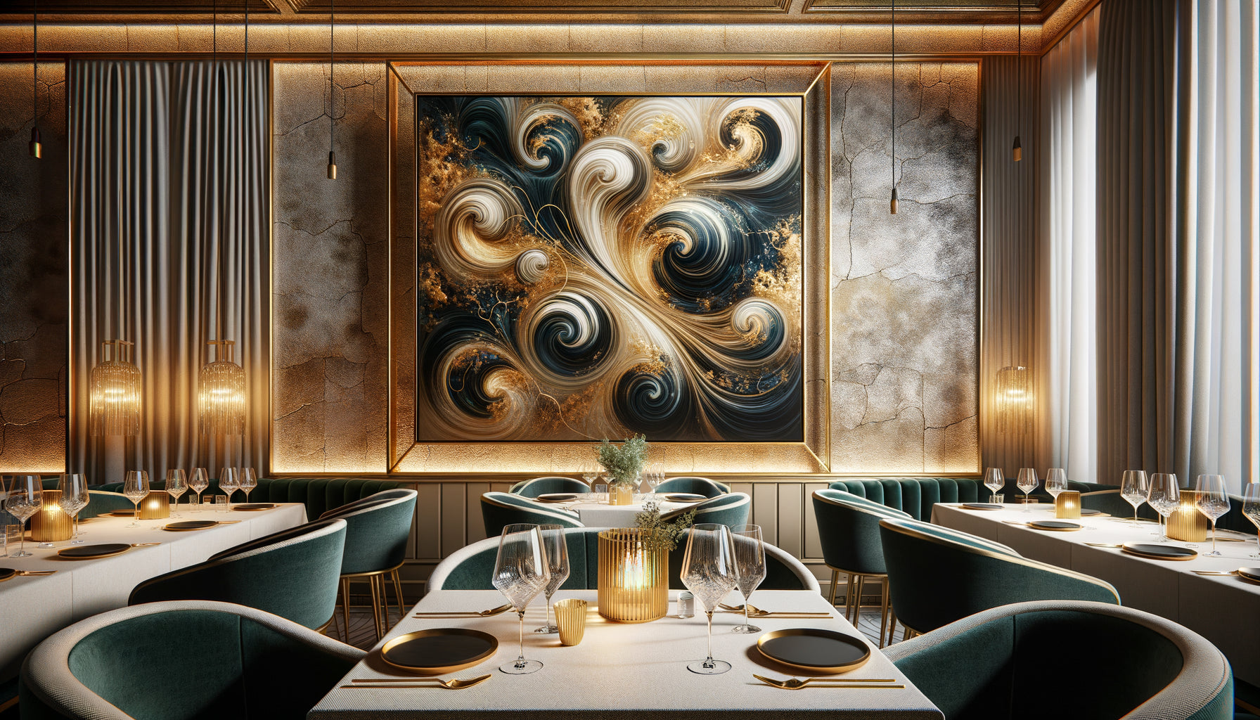 Restaurant gastronomique élégant avec tableau mural doré abstrait, ambiance luxueuse contemporaine et tables raffinées