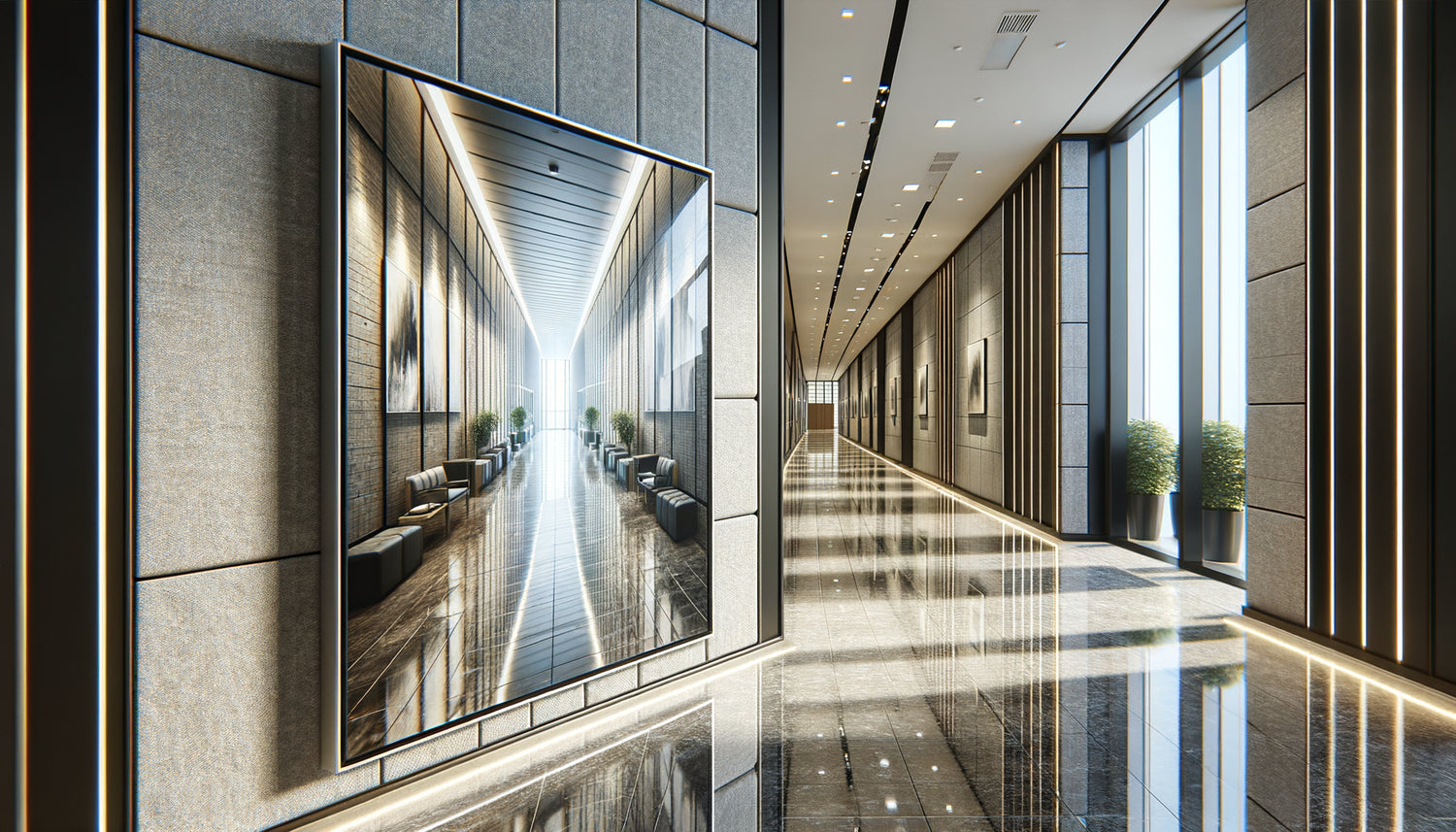 Détail d'un tableau mural professionnel avec cadre renforcé et protection UV installé dans un couloir d'hôtel à fort passage