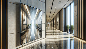 Détail d'un tableau mural professionnel avec cadre renforcé et protection UV installé dans un couloir d'hôtel à fort passage