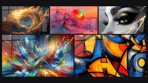 Mosaico de cinco cuadros, entre ellos Espiral de fuego dorado, Montaña futurista y Abstracto Big Bang Explosivo
