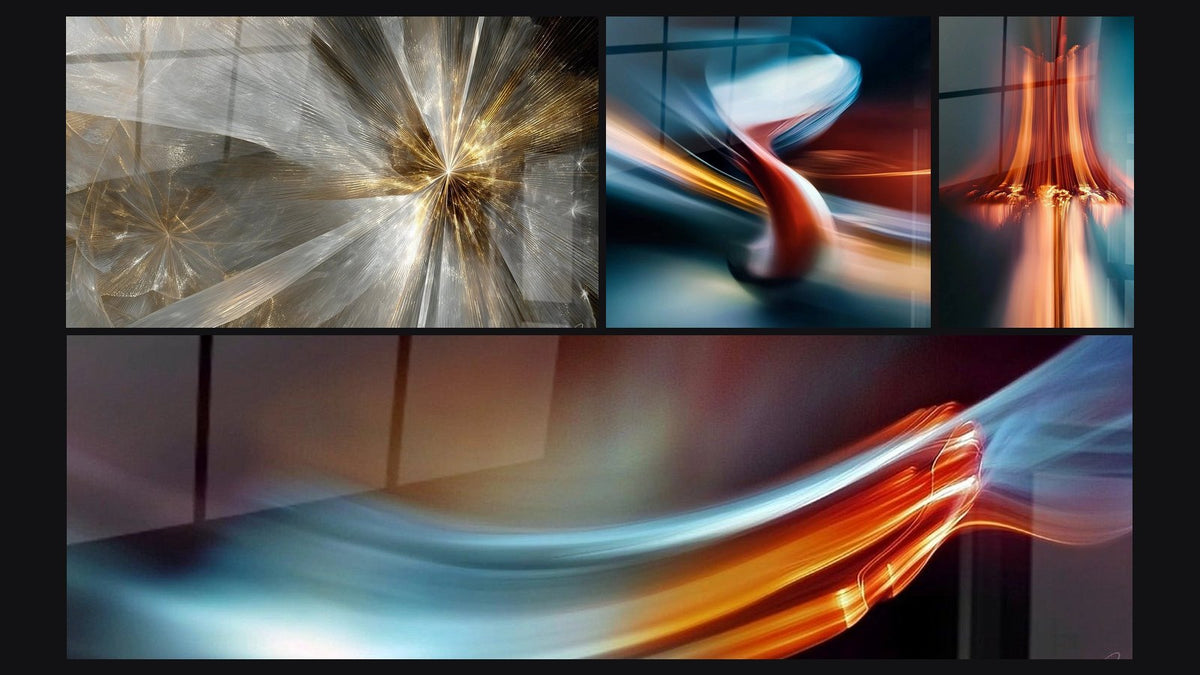 Mosaïque de quatre tableaux, dont Rayons lumineux dorés, Chaise moderne et Flux lumineux abstrait