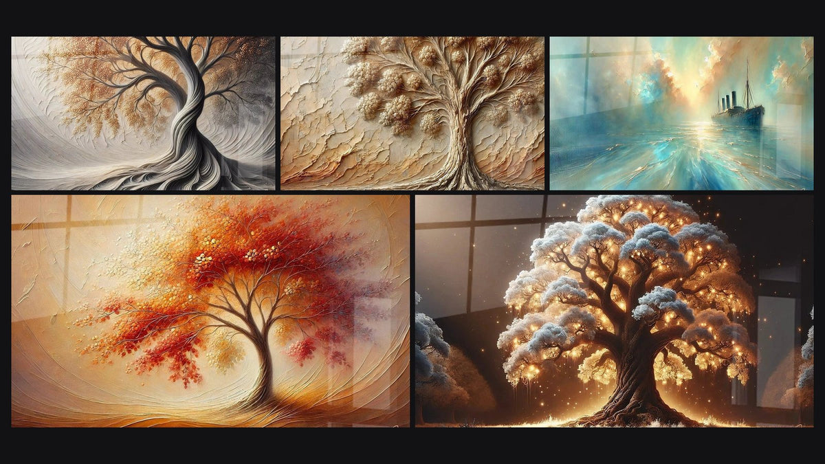 Mosaico di cinque quadri, tra cui Respiro della Terra, Danza delle Stagioni e Albero della Notte