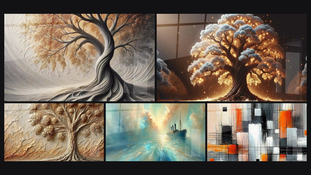 Mosaico de cinco cuadros, entre ellos Aliento de la Tierra, Árbol Nocturno y Árbol del Pasado