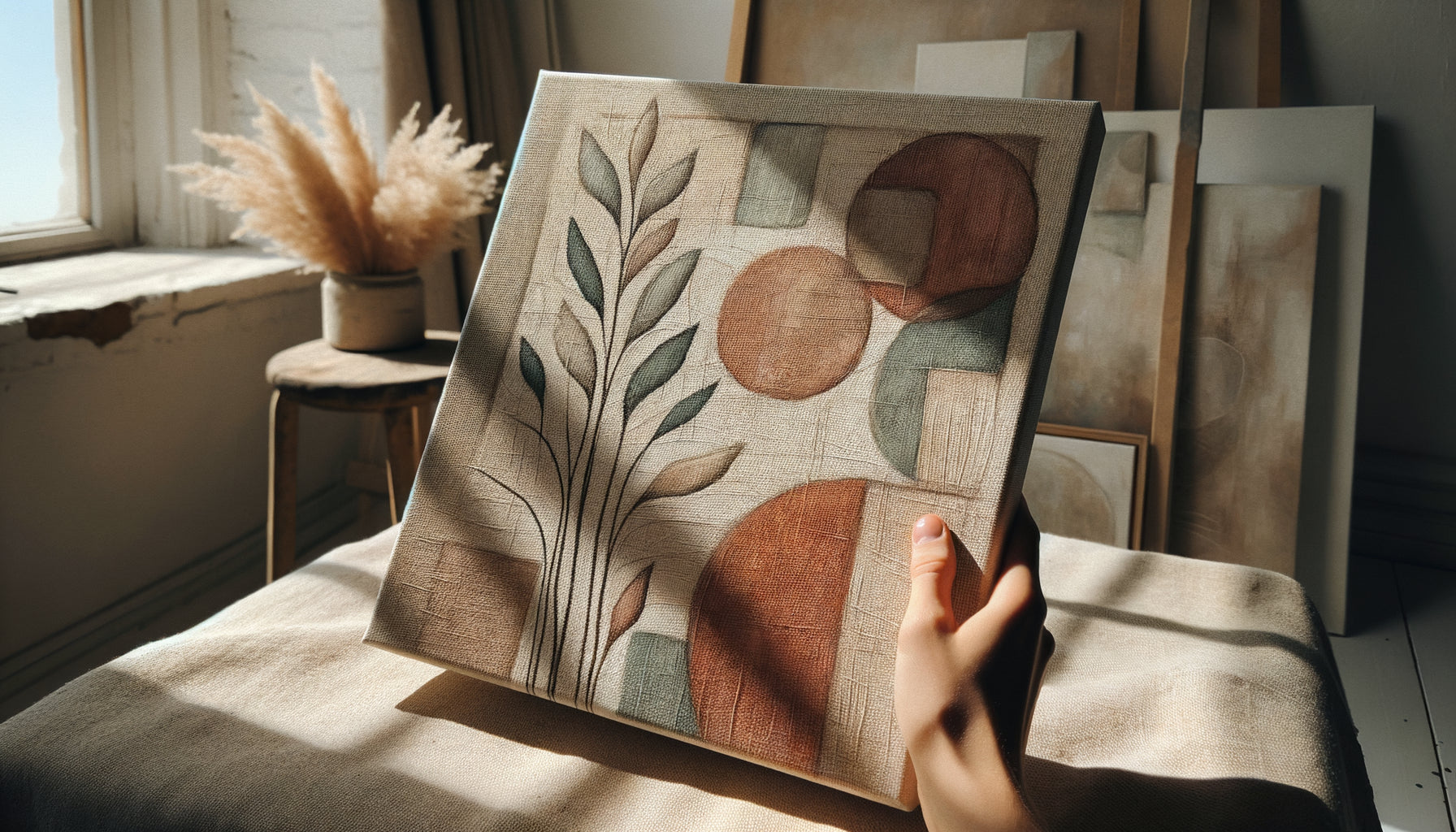 Tableau artisanal sur toile de lin naturel aux pigments organiques, transmission de valeurs éthiques par l'authenticité des matériaux