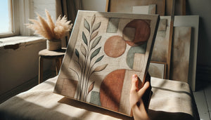 Tableau artisanal sur toile de lin naturel aux pigments organiques, transmission de valeurs éthiques par l'authenticité des matériaux