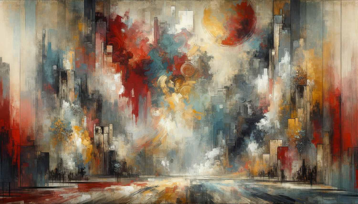 Peinture murale expressionniste vintage années 1950, coups de pinceau gestuels intenses, palette chromatique audacieuse rouge et noir