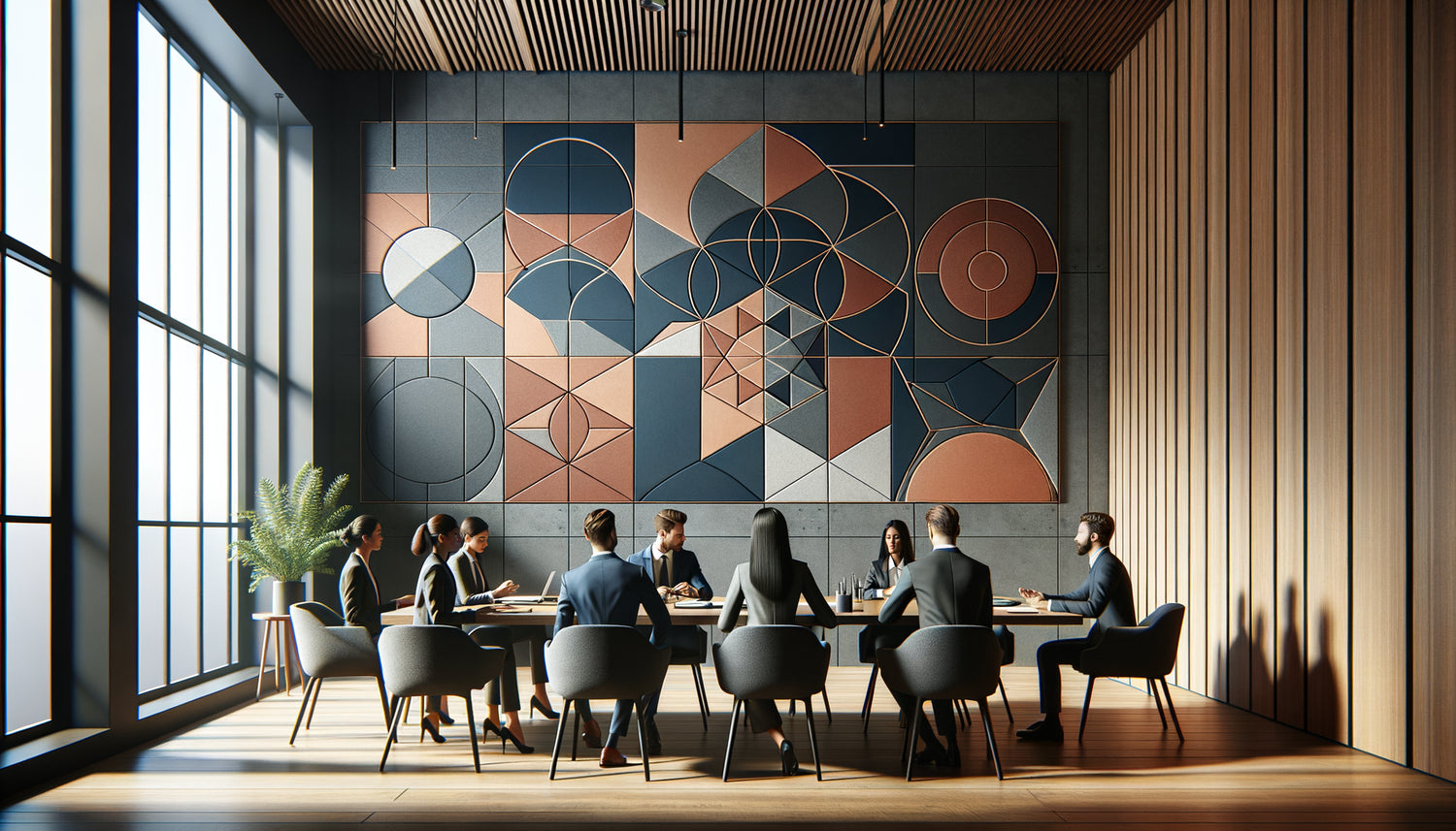 Salle de réunion moderne avec tableau mural géométrique aux motifs structurants favorisant la concentration collective