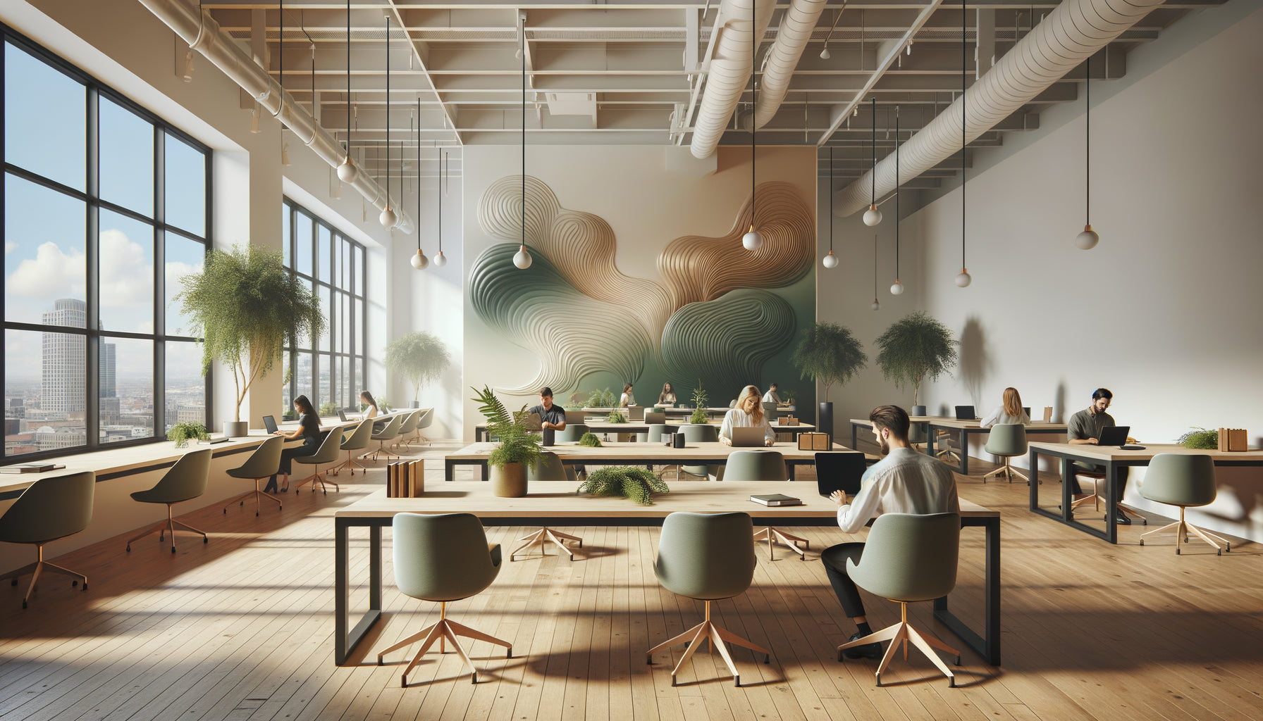 Grand tableau mural abstrait aux tons apaisants dans un espace de coworking moderne lumineux avec professionnels concentrés