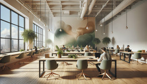 Grand tableau mural abstrait aux tons apaisants dans un espace de coworking moderne lumineux avec professionnels concentrés