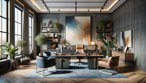 Bureau juridique contemporain humanisé par tableaux muraux apaisants aux tons naturels créant atmosphère accueillante professionnelle