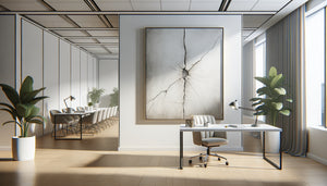 Bureau moderne avec tableau mural élégant masquant partiellement une fissure sur le mur blanc