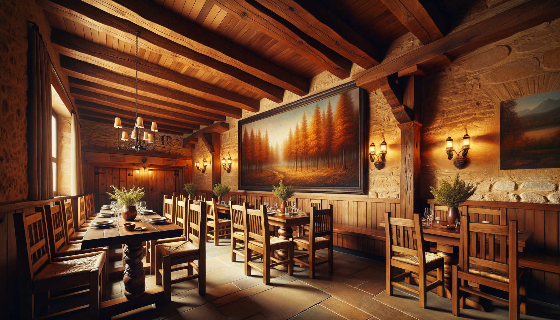 Intérieur de restaurant rustique avec mobilier en bois massif et tableau mural aux tons chauds harmonisés
