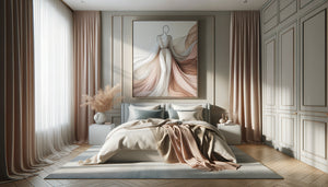 Chambre apaisante avec tableau mural mode aux tons poudrés, bleus et neutres, décoration élégante contemporaine