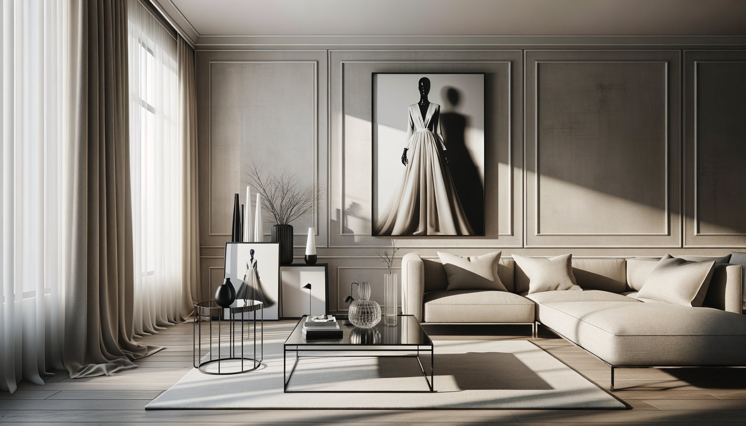 Intérieur contemporain élégant avec tableau mural mode noir et blanc associé harmonieusement à des meubles design épurés