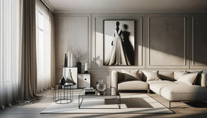 Intérieur contemporain élégant avec tableau mural mode noir et blanc associé harmonieusement à des meubles design épurés