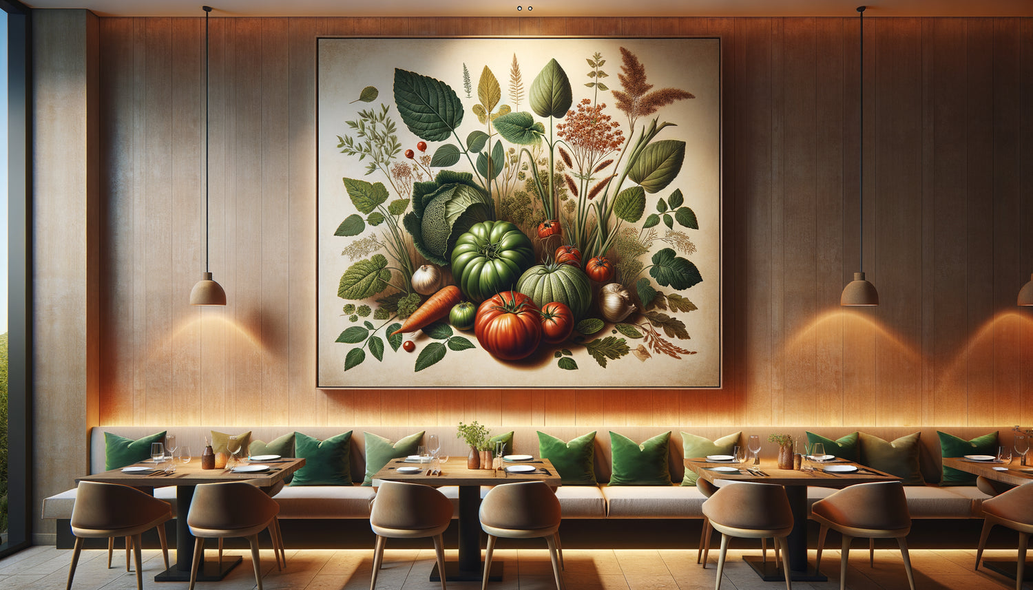 Tableau mural art botanique contemporain avec motifs de légumes bio dans restaurant écologique moderne