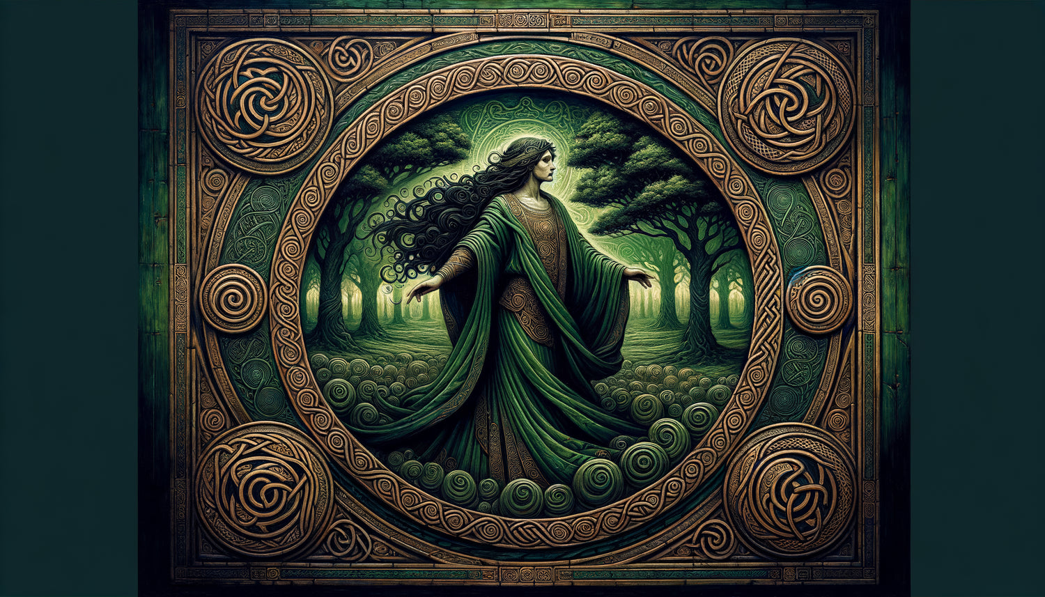 Peinture murale de mythologie celte avec motifs entrelacés traditionnels, divinité celtique et symboles triskèles, style art insulaire médiéval